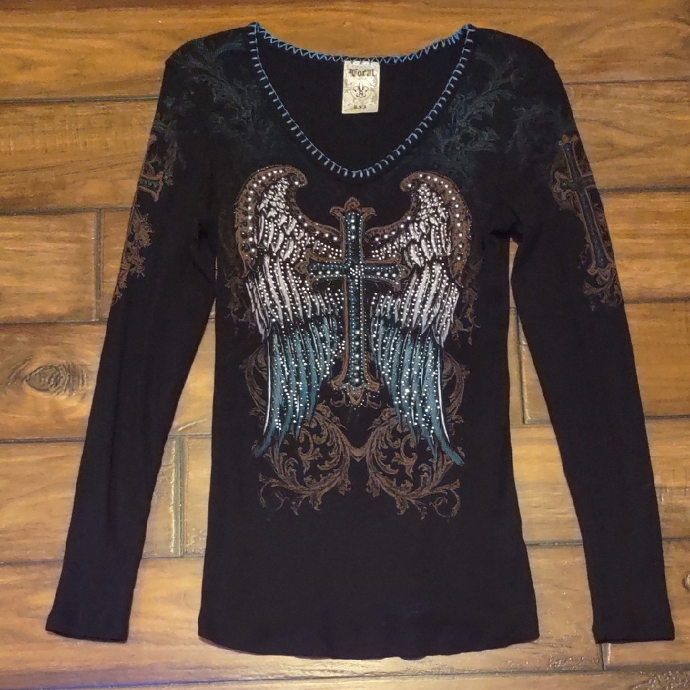 "Vocal"Black Long Sleeve Top with Embellished Wings. Size M.